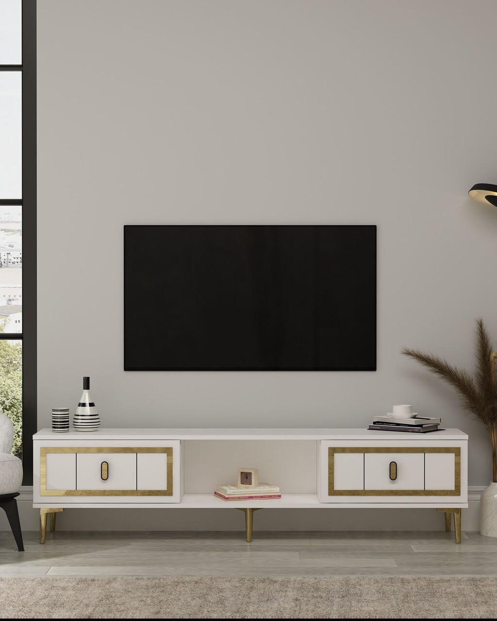 Comoda TV, Hanah Home, Orion, 150x44.6x29.6 cm, PAL , Alb/Auriu - imagine 7
